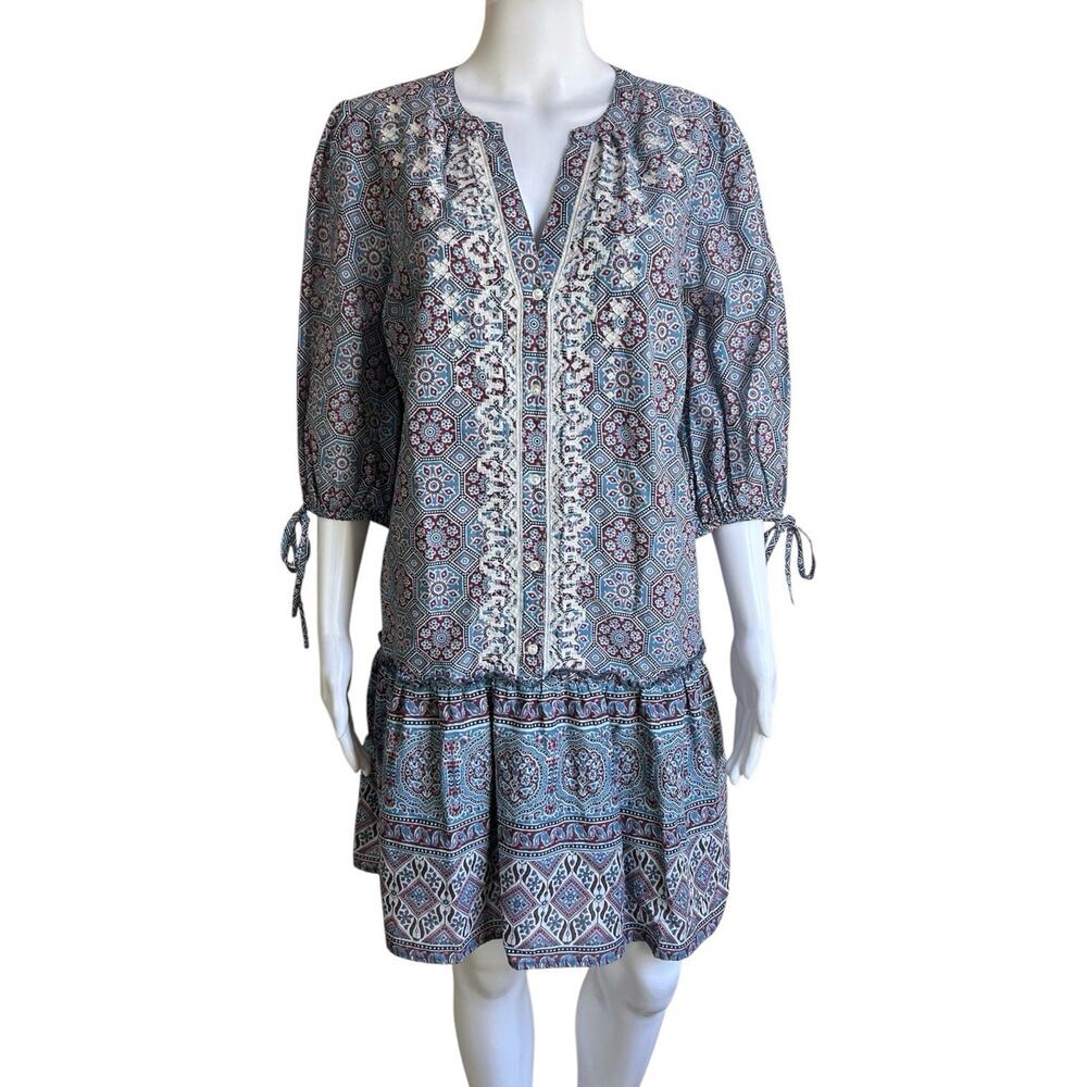 Sundance Dress PM Petite Medium Cotton Embroidered Paisley Boho Drop Waist